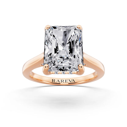 14 KT Rose Gold Radiant Cut Diamond Solitaire Ring with Cathedral Band - front view