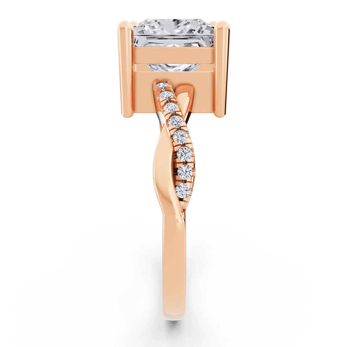 14 KT Rose Gold Princess Cut Diamond Solitaire Ring with Twisted Pave Band - Side view