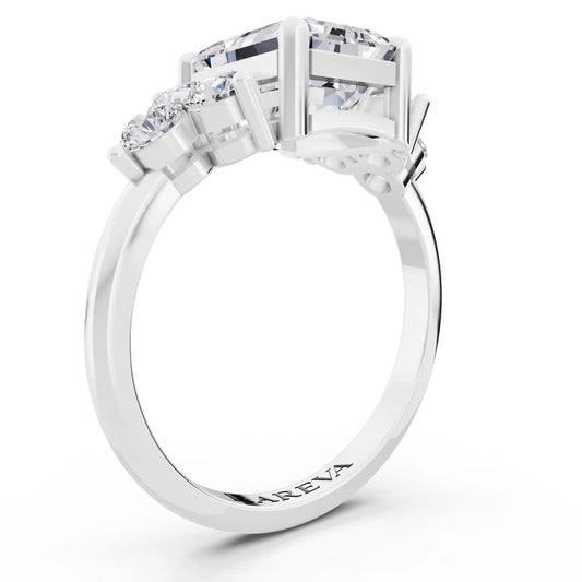 18 KT White Gold Emerald Cut Diamond Cluster Ring with Round Accents - Top view