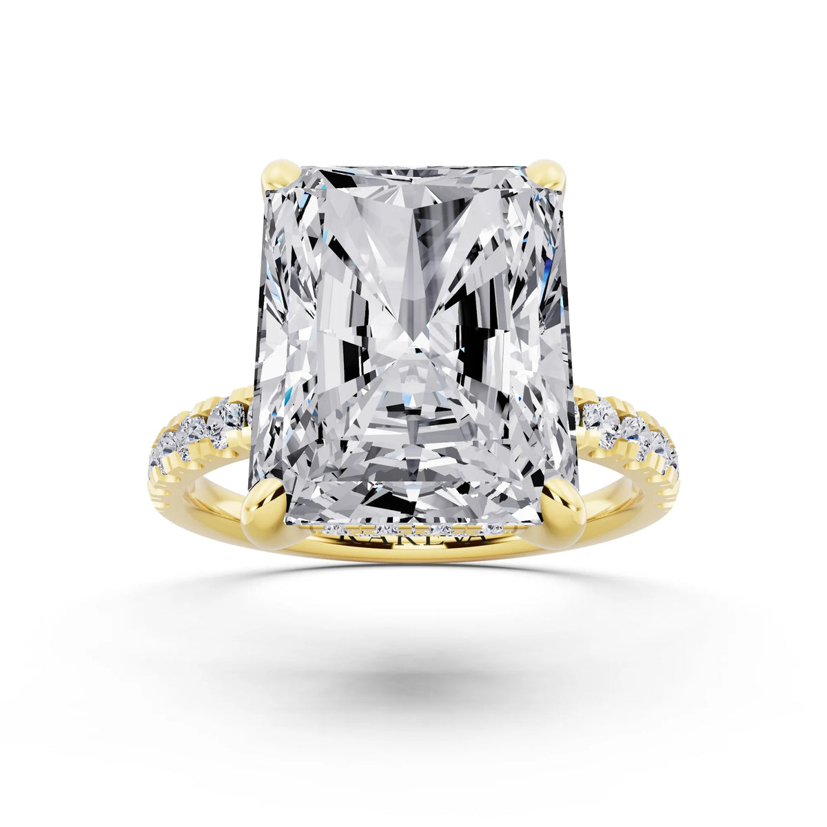 18 KT Yellow Gold Radiant Cut Diamond Hidden Halo Tiger Prong Pave Band Ring - front view