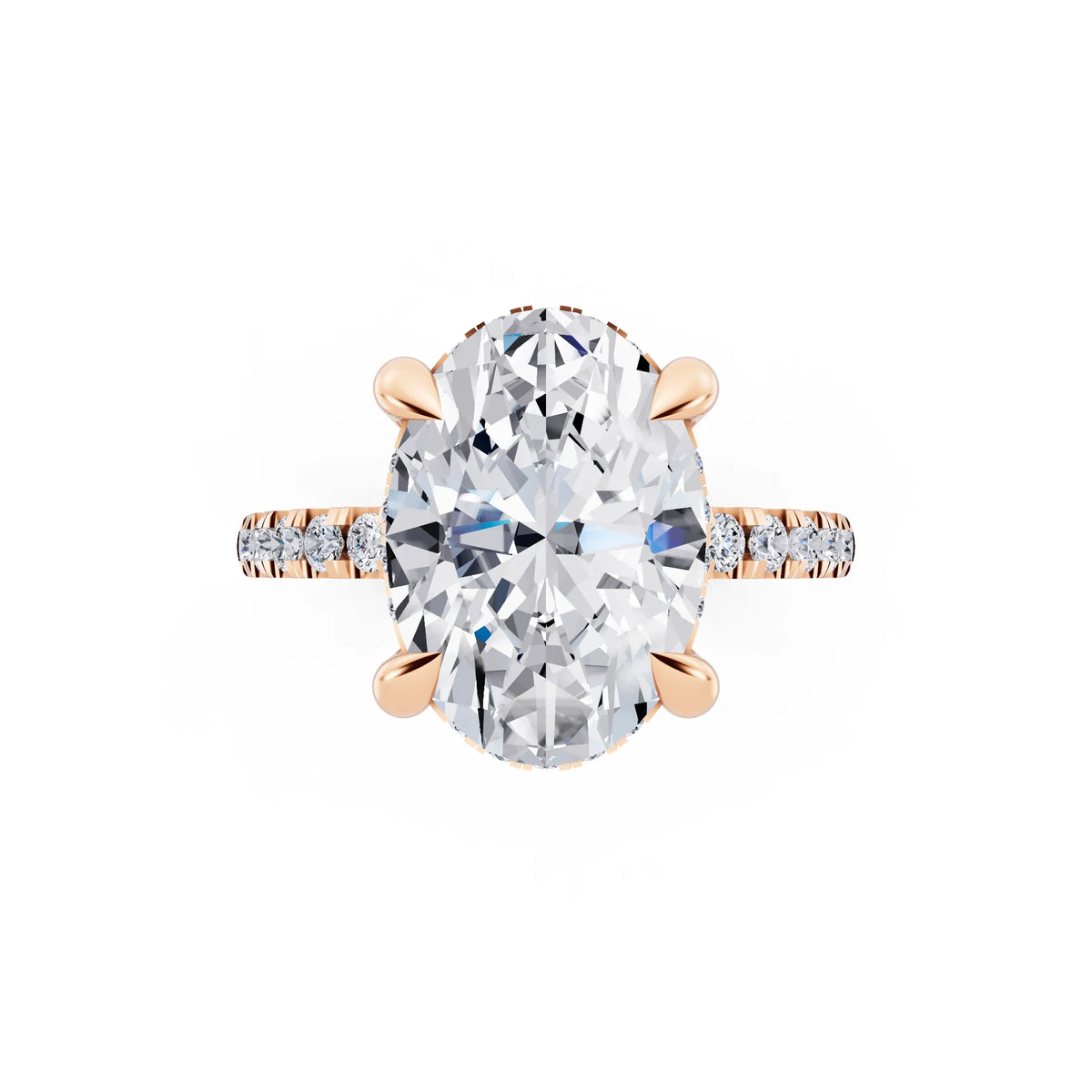 14 KT Rose Gold Oval Cut Diamond Solitaire Ring with Round Pavé Band and Prong Setting - top angle