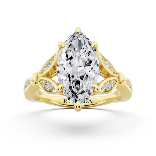 18 KT Yellow Gold Marquise Cut Diamond Ring with Lotus Collar - front view