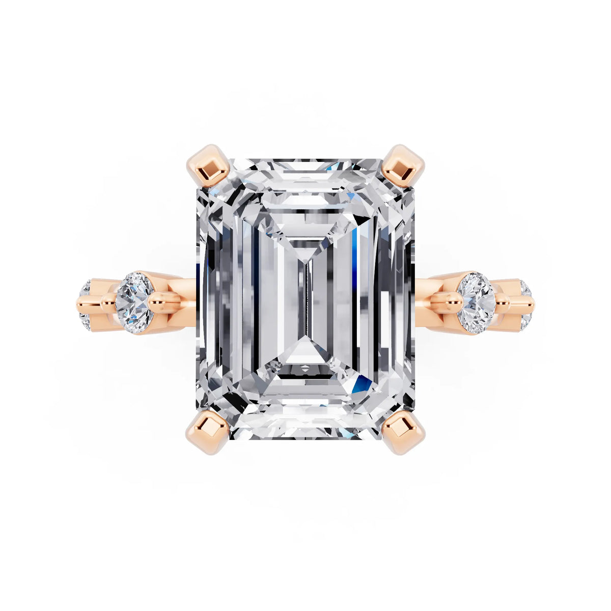 18 KT Rose Gold Emerald Cut Diamond Solitaire Ring with Floating Diamond Accents - top angle