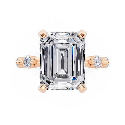18 KT Rose Gold Emerald Cut Diamond Solitaire Ring with Floating Diamond Accents - top angle