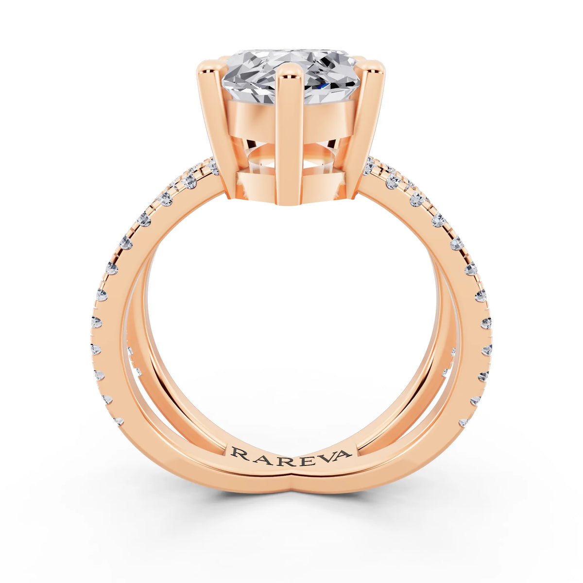 14 KT Rose Gold Marquise Cut Diamond Ring with Twisted Split Shank - through finger