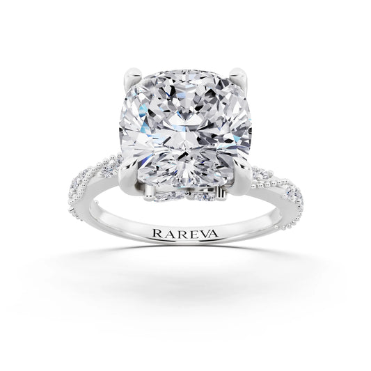 Platinum Cushion Cut Diamond Ring with Marquise Accent - front view
