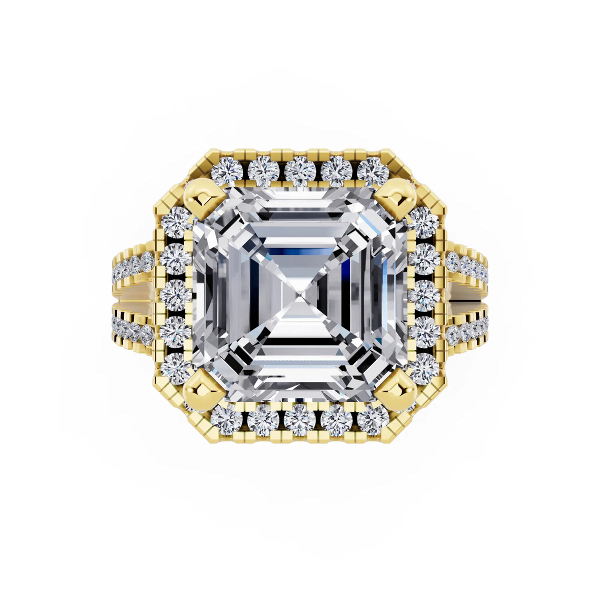 18 KT Yellow Gold Asscher Cut Diamond Halo Ring with Pave Split Shank - top angle