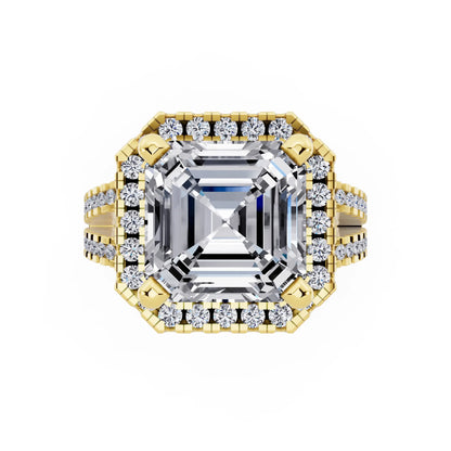 18 KT Yellow Gold Asscher Cut Diamond Halo Ring with Pave Split Shank - top angle