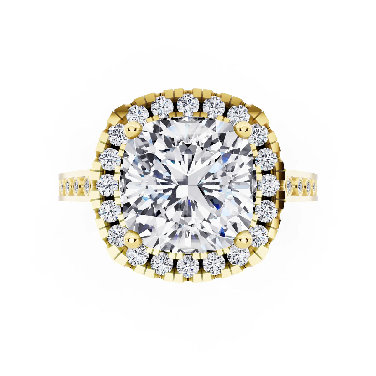 18 KT Yellow Gold Cushion Cut Diamond Halo Ring with Bezel Accent Band - top angle
