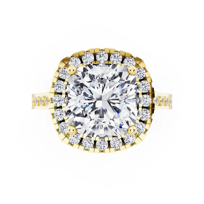 18 KT Yellow Gold Cushion Cut Diamond Halo Ring with Bezel Accent Band - top angle