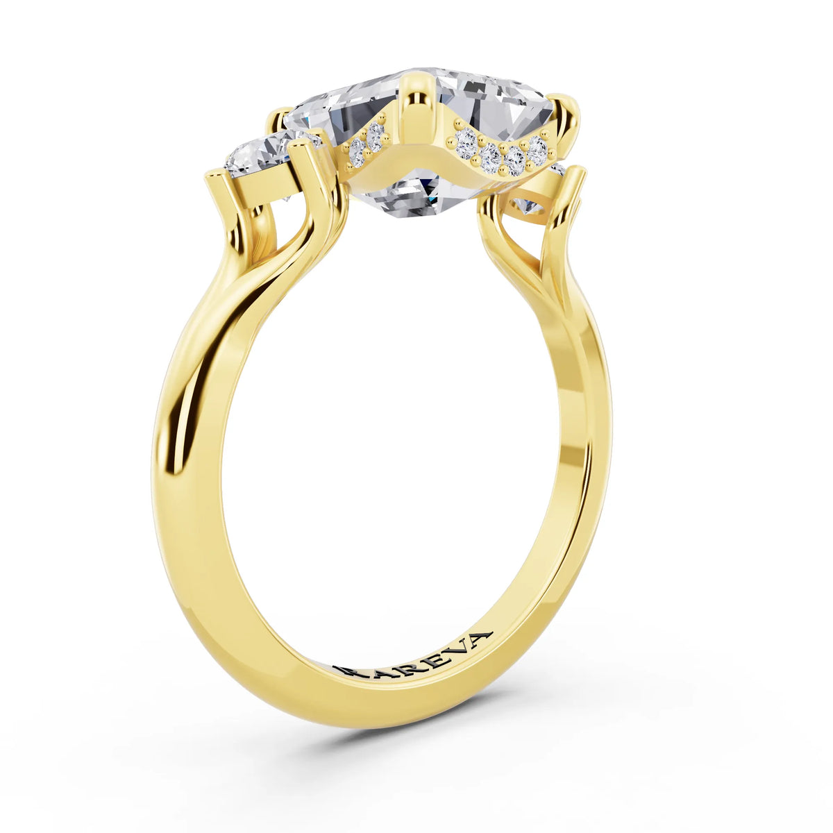 18 KT Yellow Gold Emerald Cut Diamond Three Stone Engagement Ring with Hidden Halo - top view