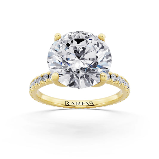 14 KT Yellow Gold Round Cut Diamond Solitaire Ring with Pave Eternity Band - front view