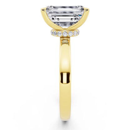 14 KT Yellow Gold Emerald Cut Diamond Solitaire Ring with Pave Collar - side view