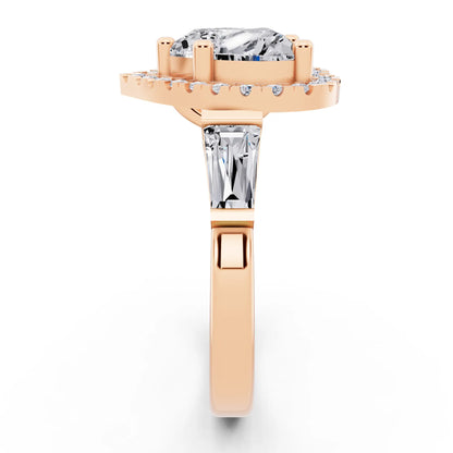 18 KT Rose Gold Heart Cut Diamond Halo Ring with Baguette Accents - side view
