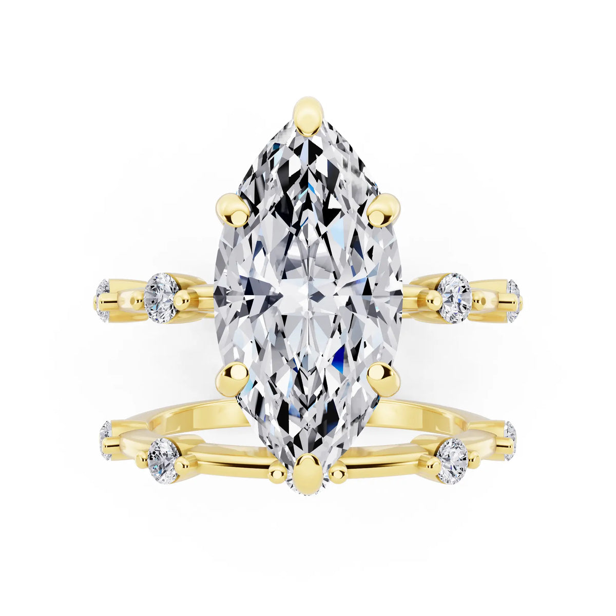18 KT Yellow Gold Marquise Cut Diamond Ring with Floating Accent Band - top angle