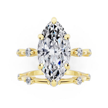 18 KT Yellow Gold Marquise Cut Diamond Ring with Floating Accent Band - top angle