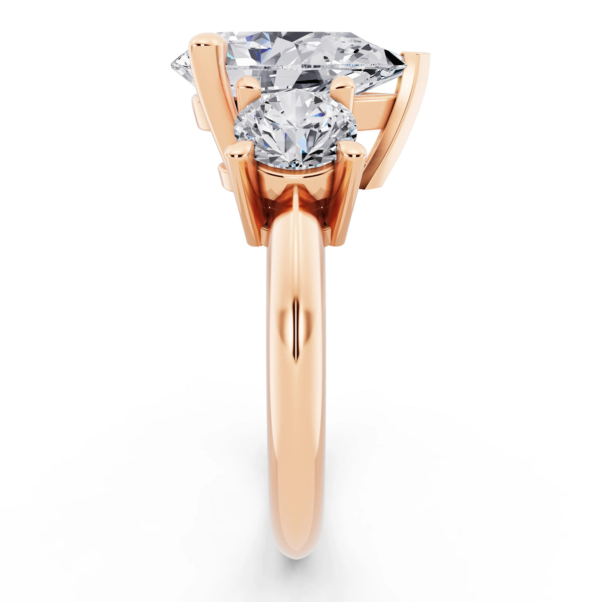 14 KT Rose Gold Pear Cut Diamond Three Stone Ring with Round Accents - side view