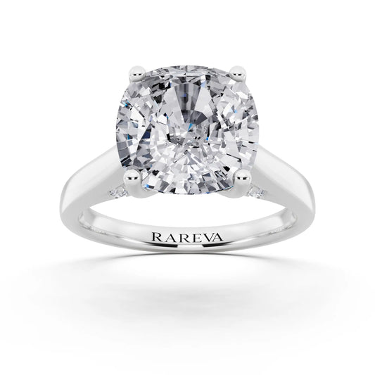 18 KT White Gold Cushion Cut Diamond Solitaire Ring with Hidden Accent - front view
