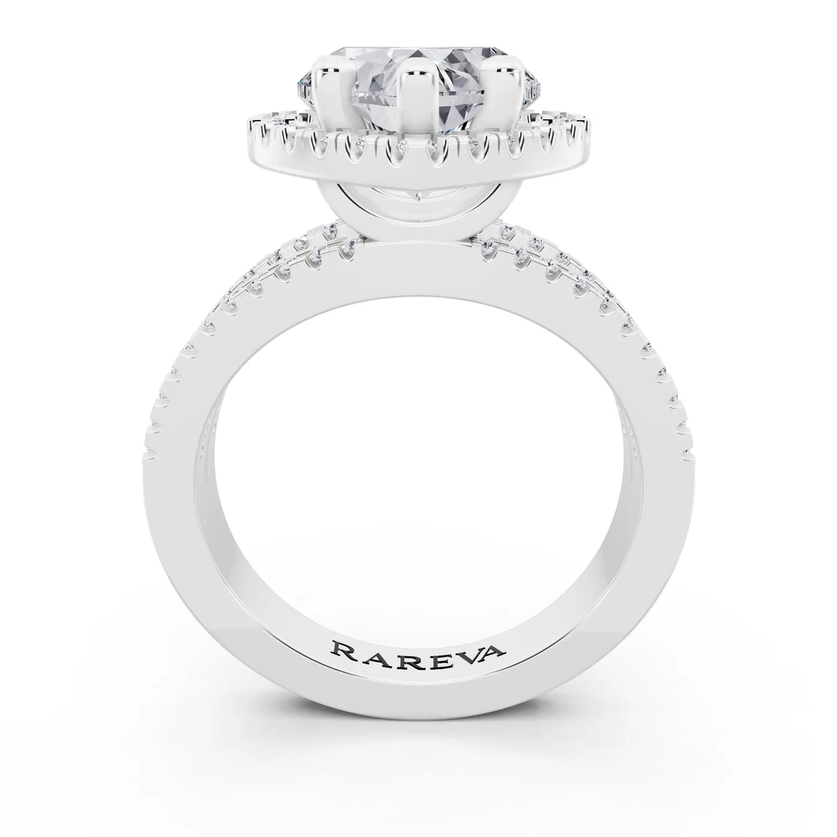 14 KT White Gold Heart Cut Diamond Halo Ring with Pave Split Shank - through finger