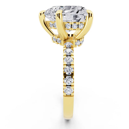 18 KT Yellow Gold Heart Cut Diamond Hidden Halo Tiger Prong Pave Band Ring - side view