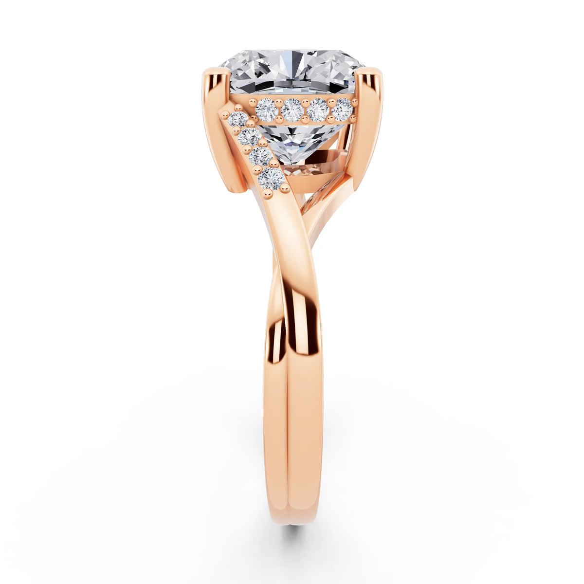 14 KT Rose Gold Cushion Cut Diamond Split Shank Engagement Ring with Hidden Halo - side view