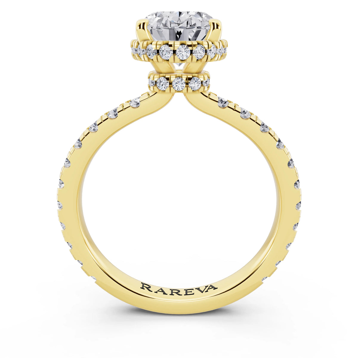 18 KT Yellow Gold Oval Cut Diamond Hidden Halo Ring with Pave Band - through finger