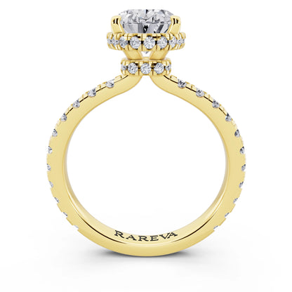18 KT Yellow Gold Oval Cut Diamond Hidden Halo Ring with Pave Band - through finger
