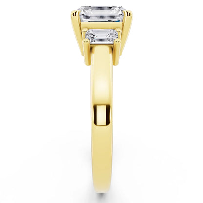 14 KT Yellow Gold Asscher Cut Diamond Three Stone Emerald Accent Ring - side view