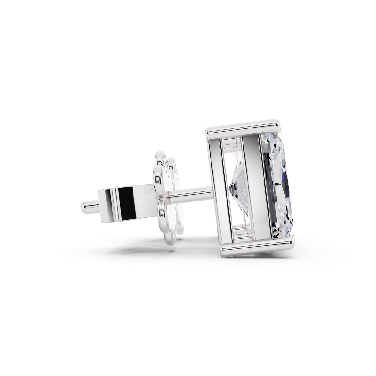 Radiant cut tiger-prong diamond stud earrings in silver, side view
