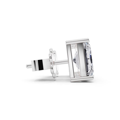 Radiant cut tiger-prong diamond stud earrings in silver, side view