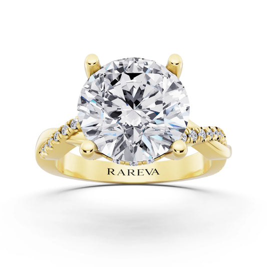14 KT Yellow Gold Round Cut Diamond Hidden Halo Ring with Twisted Pave Band - front view