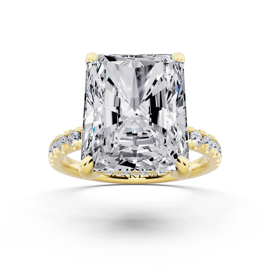 14 KT Yellow Gold Radiant Cut Diamond Hidden Halo Tiger Prong Pave Band Ring - front view
