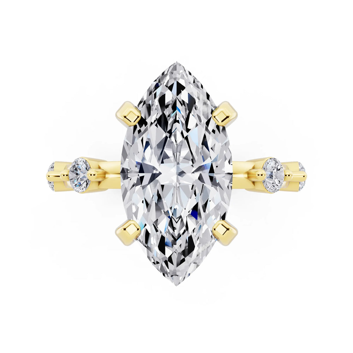 18 KT Yellow Gold Marquise Cut Diamond Solitaire Ring with Floating Diamond Accents - top angle