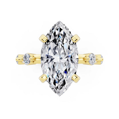 18 KT Yellow Gold Marquise Cut Diamond Solitaire Ring with Floating Diamond Accents - top angle