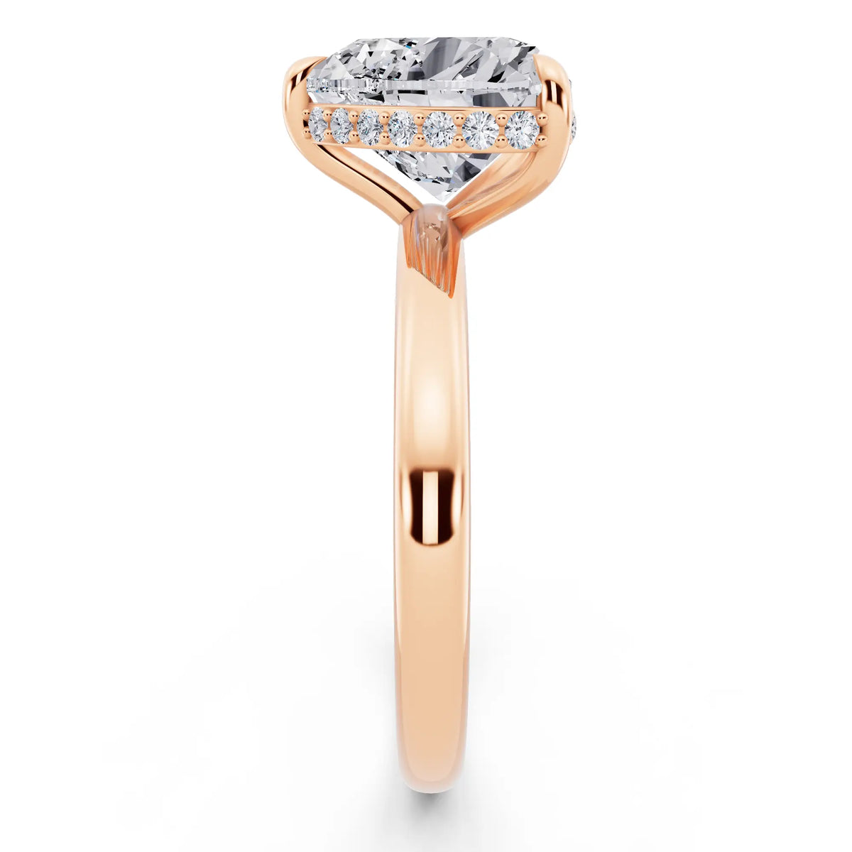 18 KT Rose Gold Heart Cut Diamond Hidden Halo Solitaire Ring - side view