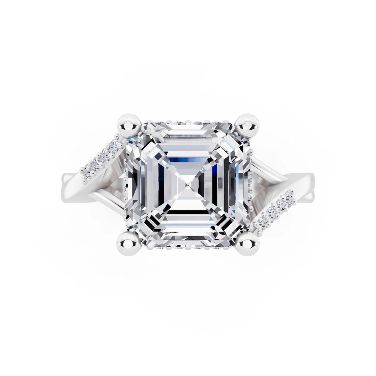 18 KT White Gold Asscher Cut Diamond Split Shank Engagement Ring with Hidden Halo - top angle