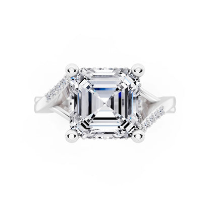 18 KT White Gold Asscher Cut Diamond Split Shank Engagement Ring with Hidden Halo - top angle
