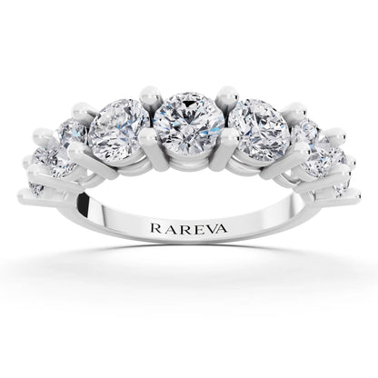 10K White Gold Seven Stone Round Cut Diamond Half Eternity Wedding Band - 2mm - Front