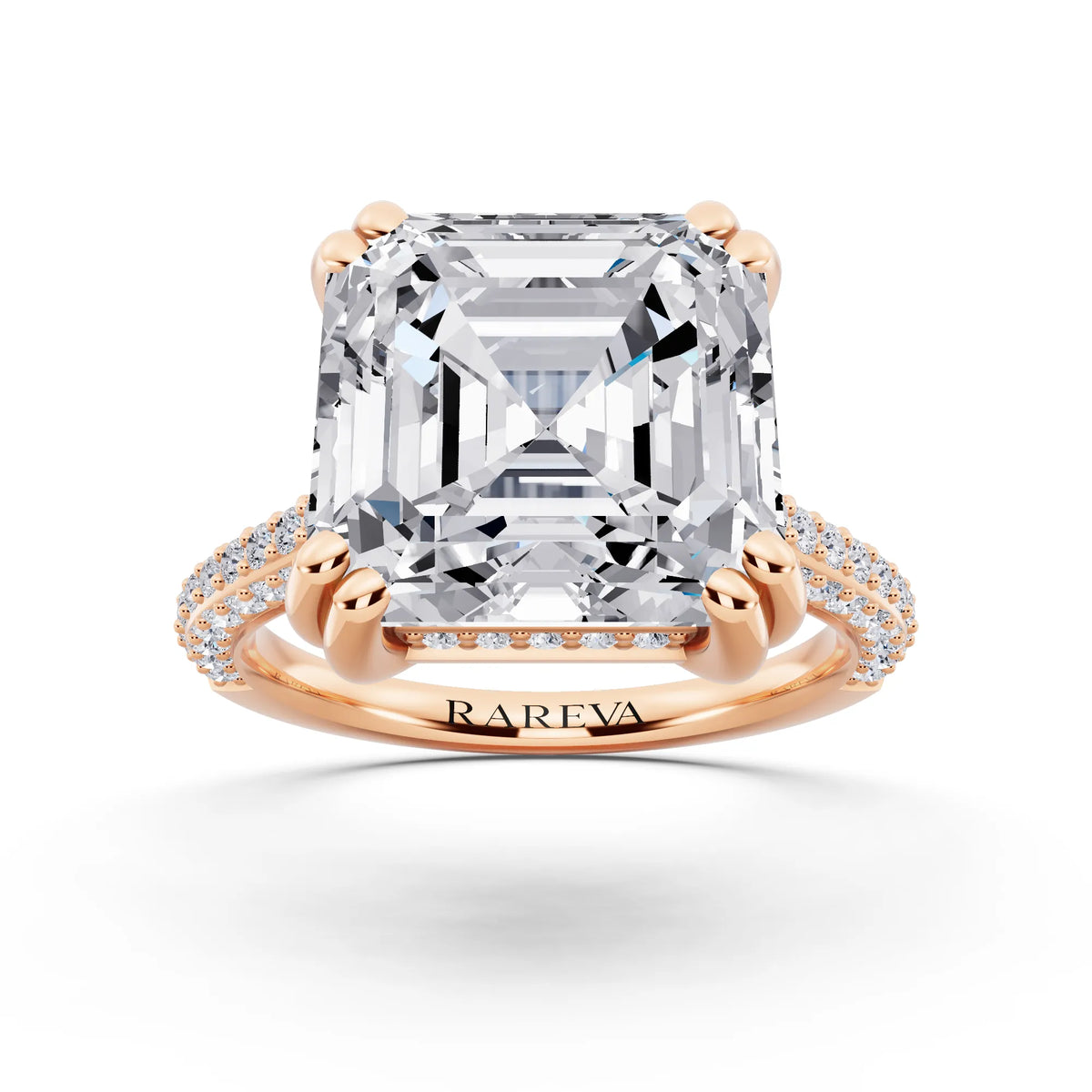 14 KT Rose Gold Asscher Cut Diamond Hidden Halo Double Claw Pave Band Ring - front view