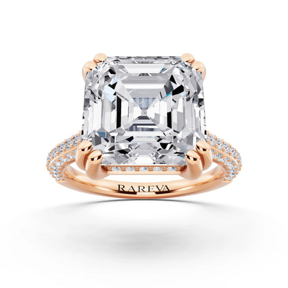 14 KT Rose Gold Asscher Cut Diamond Hidden Halo Double Claw Pave Band Ring - front view