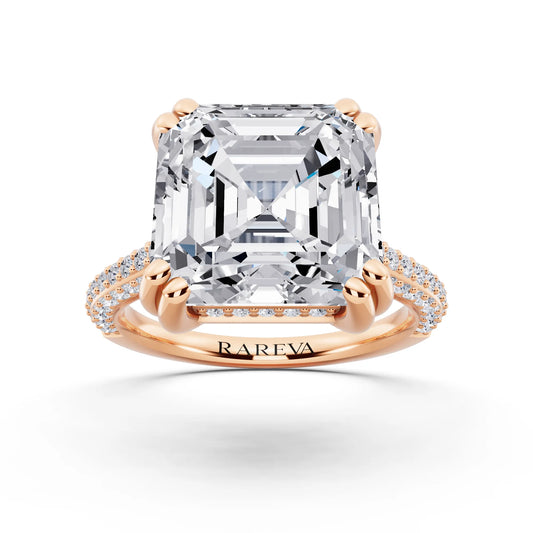 14 KT Rose Gold Asscher Cut Diamond Hidden Halo Double Claw Pave Band Ring - front view