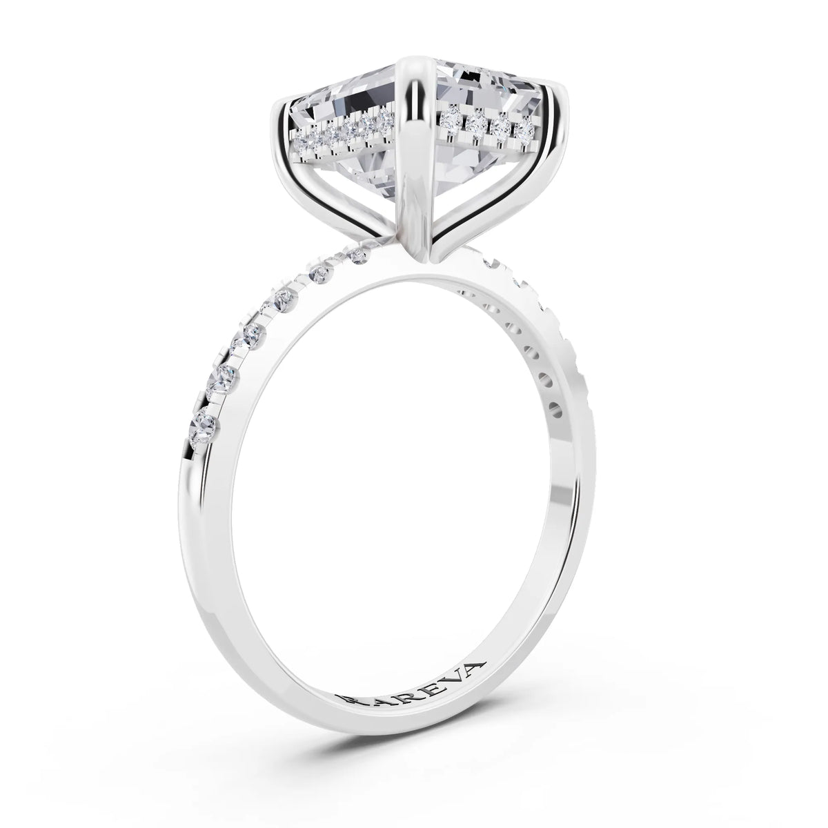 18 KT White Gold Emerald Cut Diamond Solitaire Ring with Round Pavé Band and Prong Setting - top view