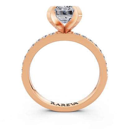 14 KT Rose Gold Emerald Cut Diamond Solitaire Ring with Pave Shank - through finger