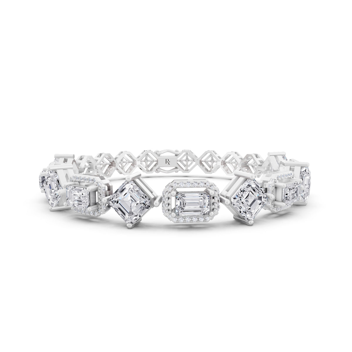 Silver Square Emerald and Emerald Cut Halo Diamond Tennis Bracelet - Main