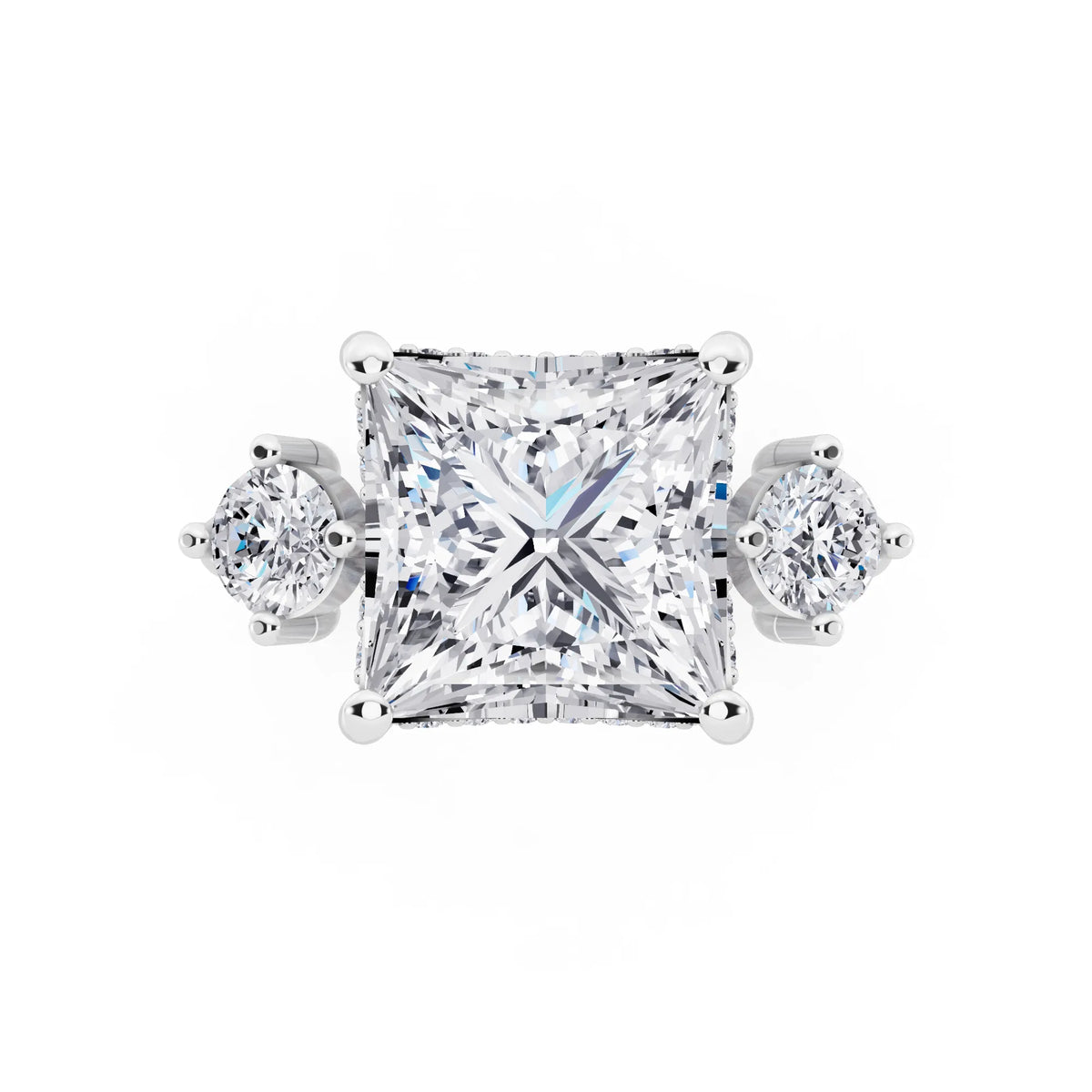 18 KT White Gold Princess Cut Diamond Three Stone Engagement Ring with Hidden Halo - top angle