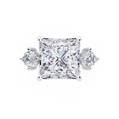 18 KT White Gold Princess Cut Diamond Three Stone Engagement Ring with Hidden Halo - top angle