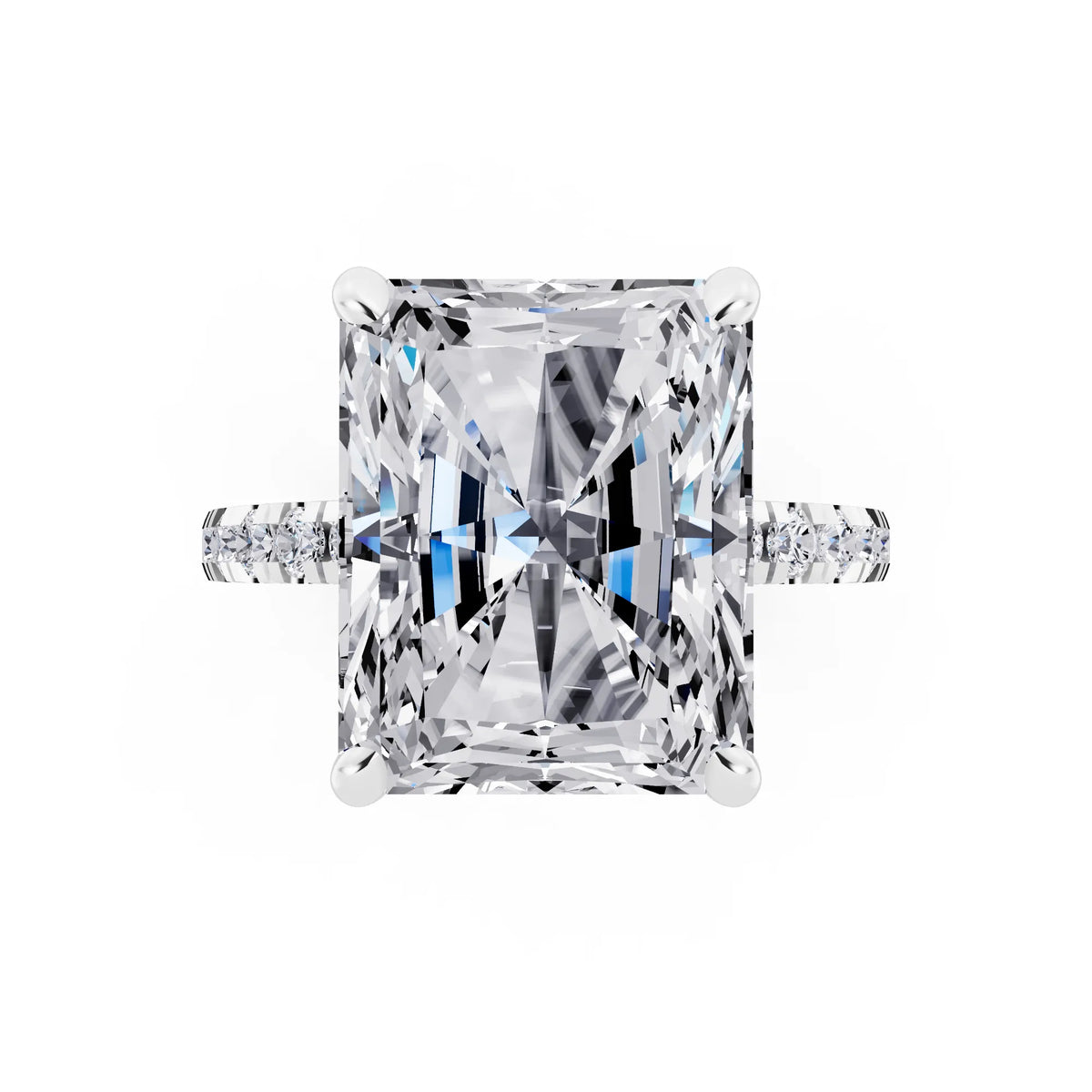 14 KT White Gold Radiant Cut Diamond Hidden Halo Tiger Prong Pave Band Ring - top angle