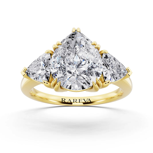 18 KT Yellow Gold Pear Cut Diamond Three Stone Ring with Trillion Accents - front view