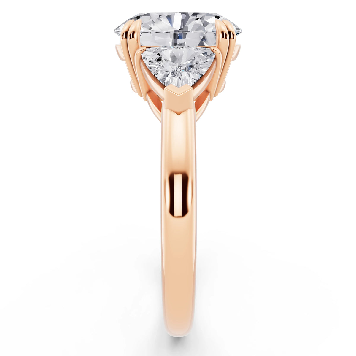 14 KT Rose Gold Oval Cut Diamond Three Stone Ring with Trillion Accents - side view