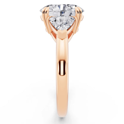 14 KT Rose Gold Oval Cut Diamond Three Stone Ring with Trillion Accents - side view